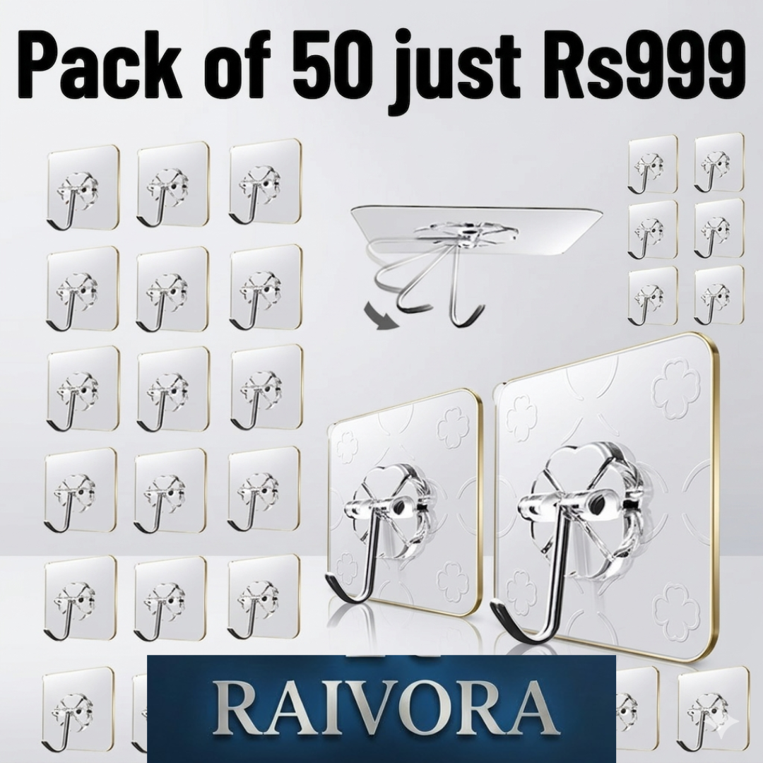 Transparent Self-Adhesive Wall Hooks Sticker – Pack of 50